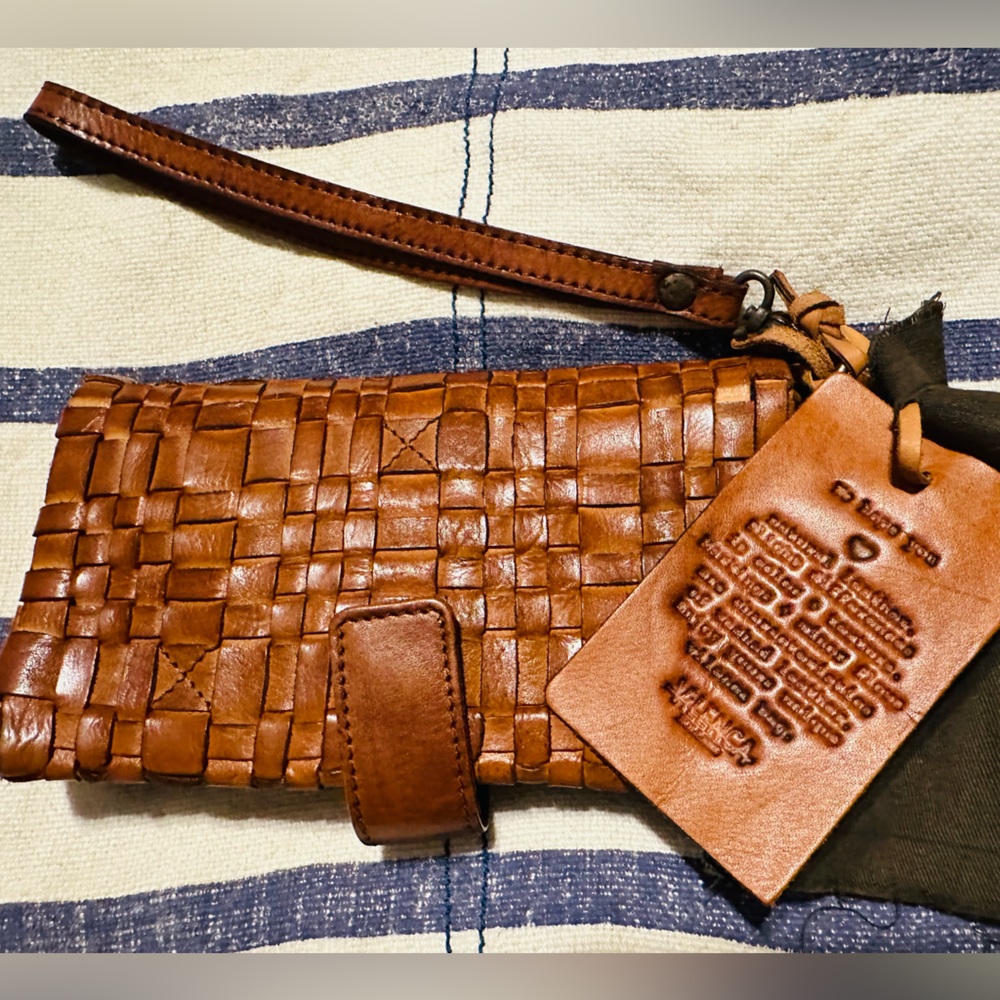 Vilenca Holland Vivian Cognac Rich Brown Hand Woven Leather Wallet Wristlet